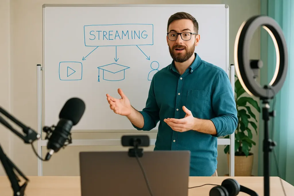 Мужчина проводит стрим у доски с чертежами