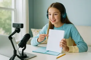 Девочка показывает тетрадь во время онлайн-занятия