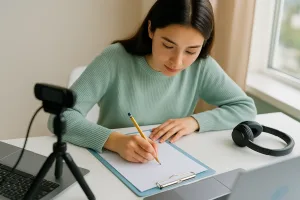 Девушка делает записи во время стрима с верхней камерой