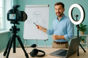 Преподаватель объясняет тему у флипчарта со студийным оборудованием