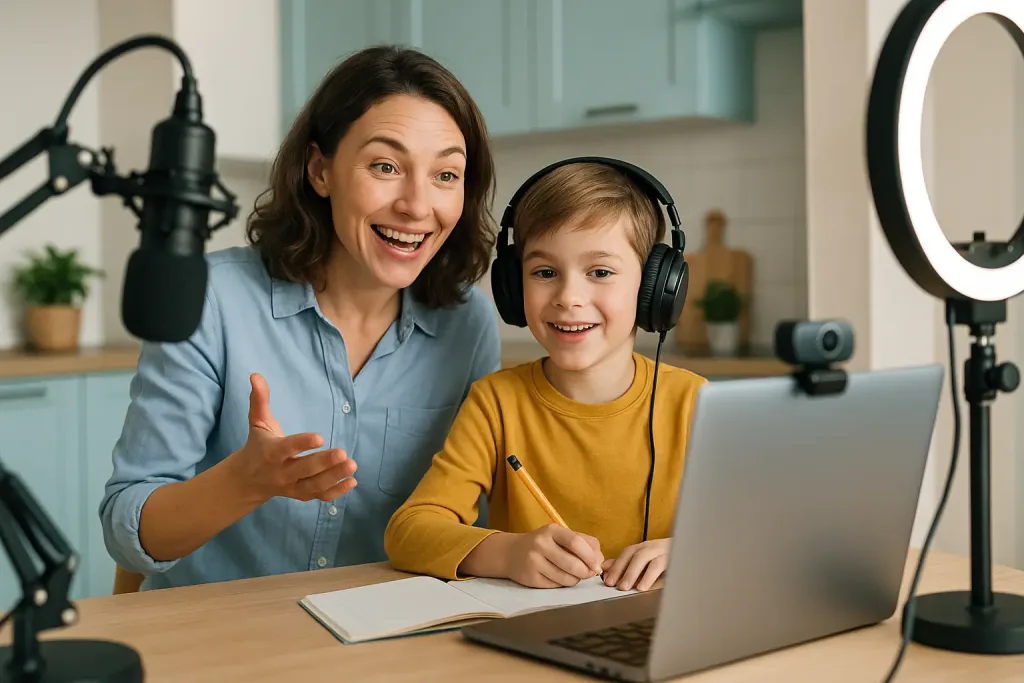 Мама с ребёнком записывает обучающее видео