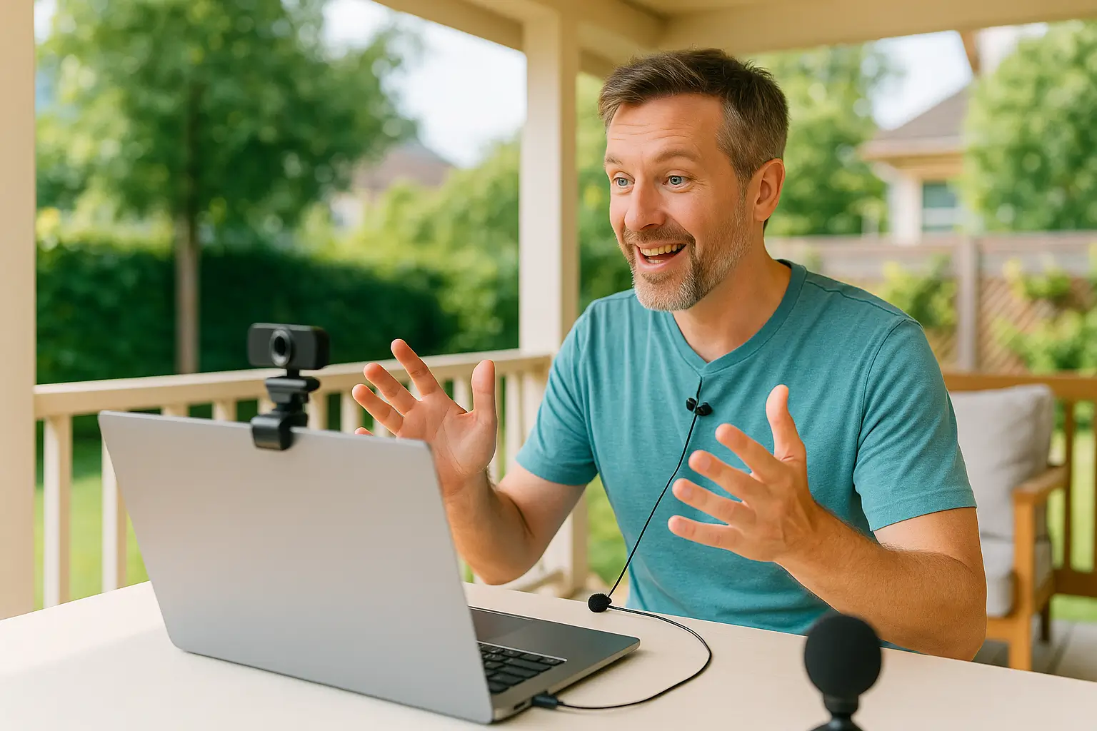 Человек ведёт стрим на веранде с микрофоном
