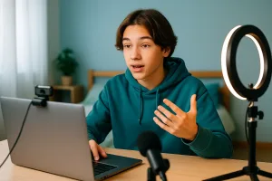 Подросток объясняет материал на стриме с кольцевой лампой