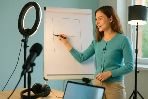 Женщина пишет на флипчарте во время вебинара